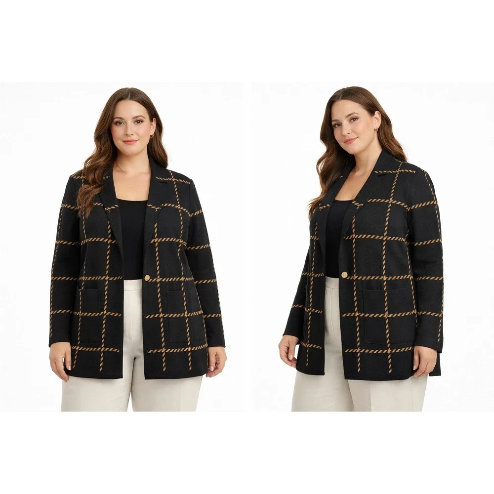 Anne Klein Women Black Camel‎ Windowpane Plaid Knit Blazer Cardigan XL 10882697